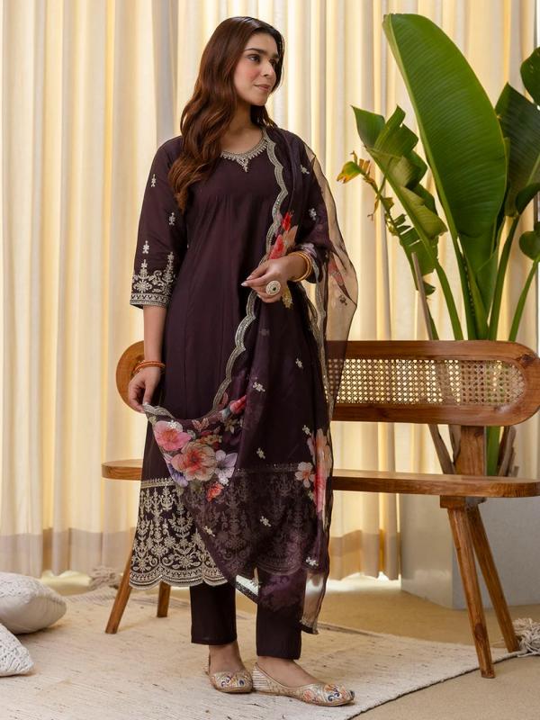 VP 9813 C Coffee Embroidred Kurta Sets with Sequins Work Women Suits